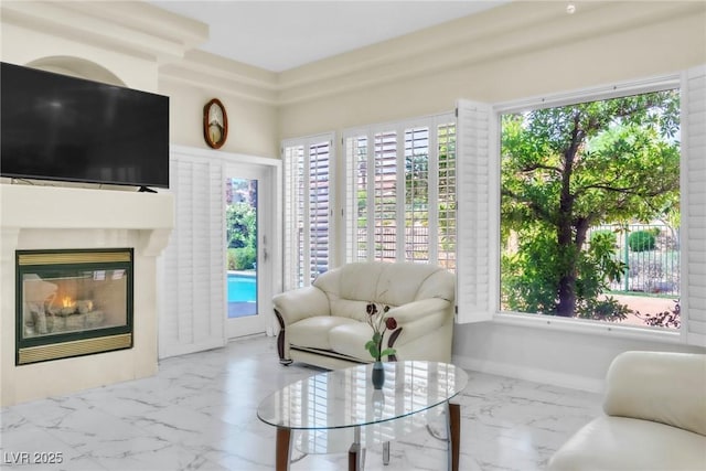 living room featuring marble finish floor and a fireplace