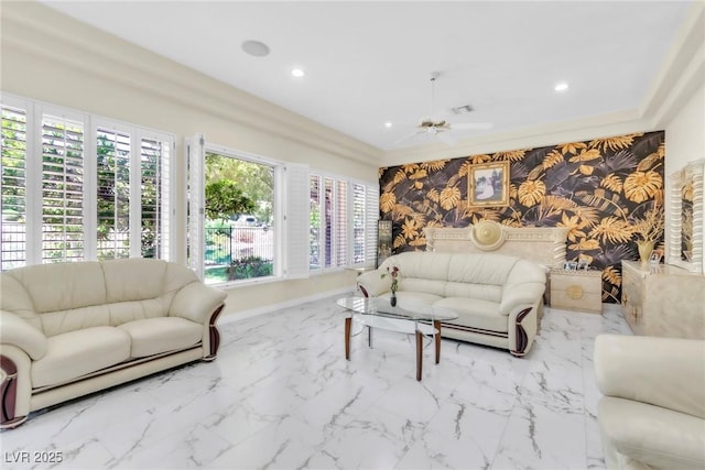 living area featuring visible vents, marble finish floor, baseboards, recessed lighting, and a ceiling fan