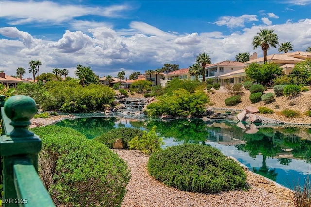 view of property's community with a small pond