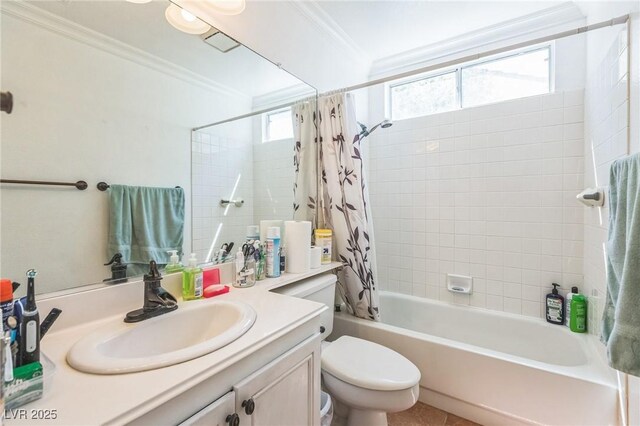 bathroom with crown molding, shower / bath combo with shower curtain, toilet, and vanity