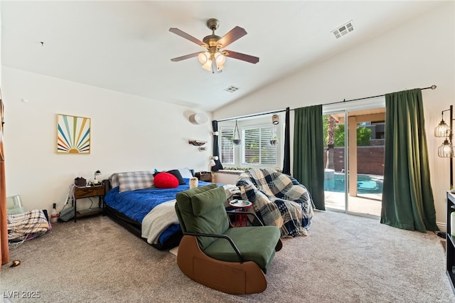 carpeted bedroom with visible vents, a ceiling fan, vaulted ceiling, and access to exterior