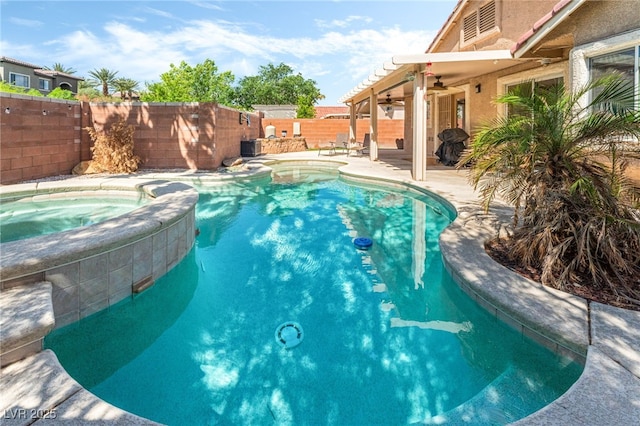 view of pool featuring ceiling fan, a pool with connected hot tub, a fenced backyard, and a patio area
