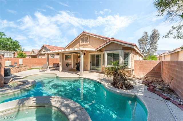 view of pool with a pergola, a patio, a fenced backyard, a fenced in pool, and an in ground hot tub