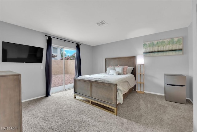 bedroom featuring visible vents, carpet, baseboards, and access to outside