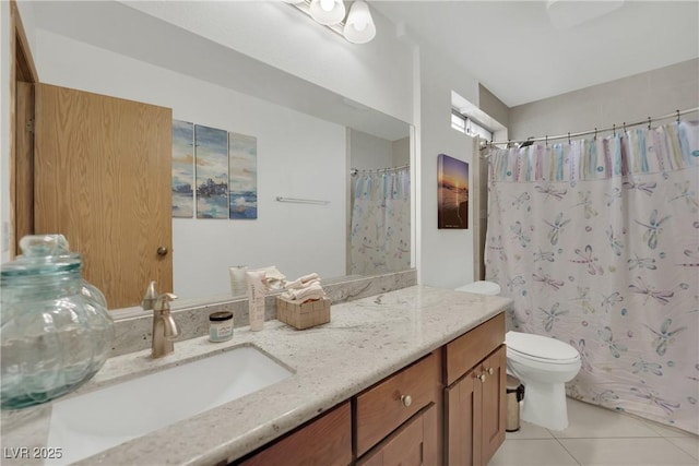 full bath with tile patterned flooring, a shower with curtain, toilet, and vanity