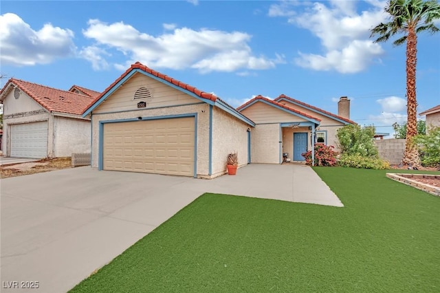 single story home featuring a garage, fence, stucco siding, a tiled roof, and driveway