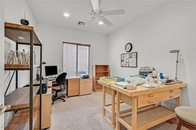 7908 House Sparrow St, North Las Vegas, NV 89084 - office area featuring light carpet, a ceiling fan, recessed lighting, and visible vents