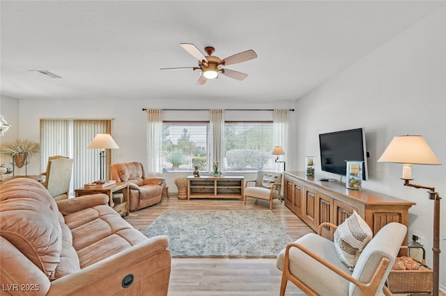 7908 House Sparrow St, North Las Vegas, NV 89084 - living room featuring a ceiling fan, light wood finished floors, and visible vents