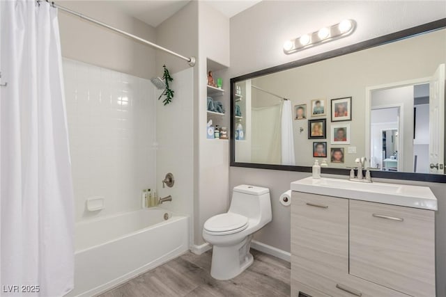 full bath with vanity, shower / tub combo with curtain, wood finished floors, and toilet