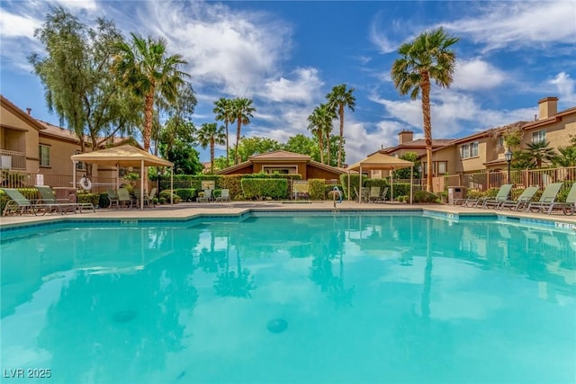 pool with fence and a residential view