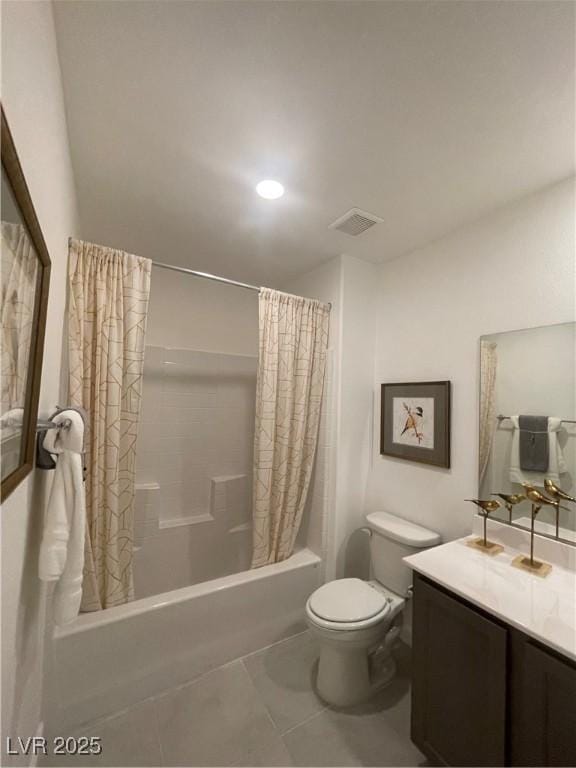 bathroom with tile patterned flooring, visible vents, vanity, toilet, and shower / bath combo
