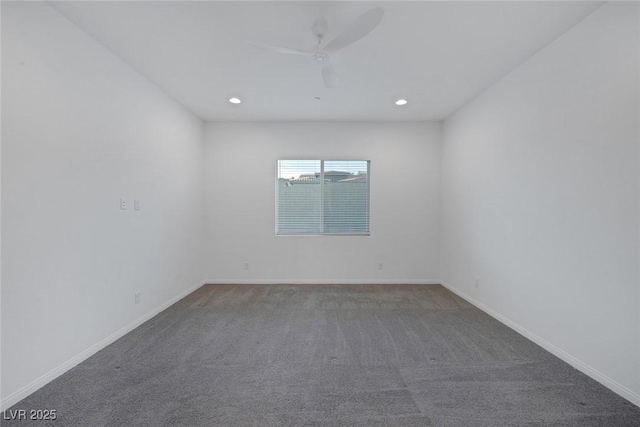 empty room with carpet flooring, recessed lighting, ceiling fan, and baseboards