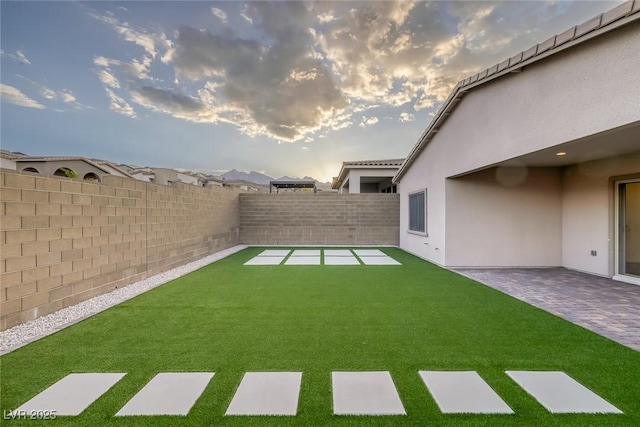view of yard featuring a patio and a fenced backyard