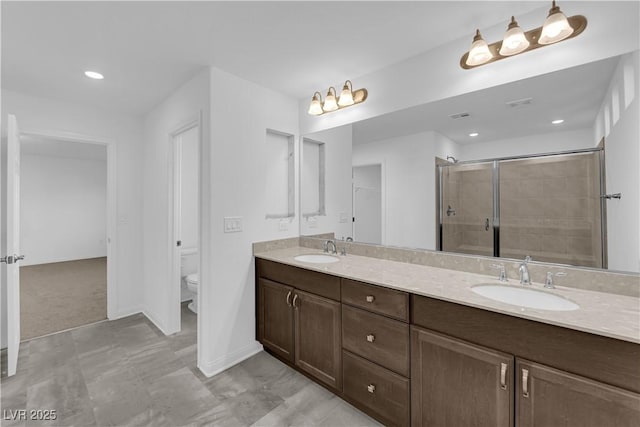 6142 Kelson Creek Ct, Las Vegas, NV 89118 - full bathroom featuring toilet, recessed lighting, a sink, and a stall shower