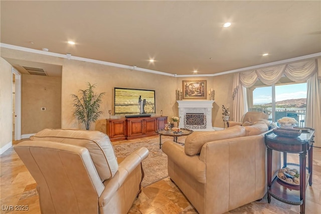20 Via Mantova Unit 306, Henderson, NV 89011 - living room with recessed lighting, a fireplace, and ornamental molding