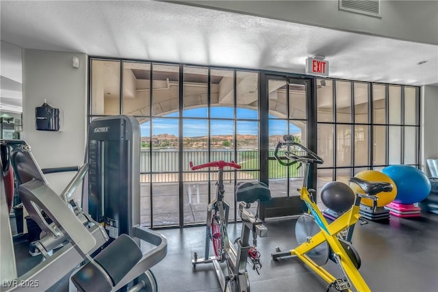 gym featuring a wall of windows, visible vents, and a textured ceiling