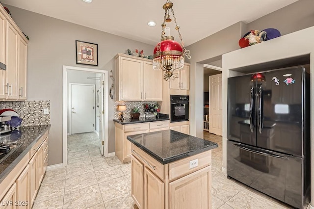 2110 King Mesa Dr, Henderson, NV 89012 - kitchen featuring black appliances, backsplash, light brown cabinets, a chandelier, and a center island