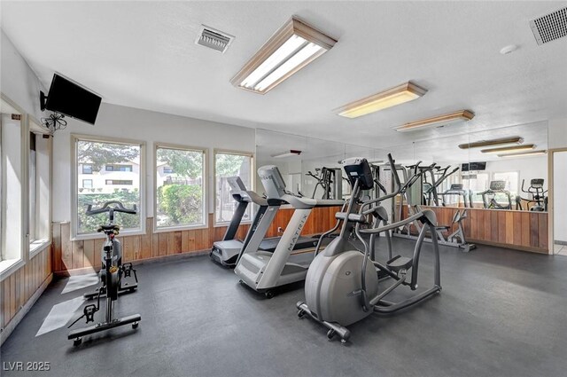 2451 N Rainbow Blvd Unit 2144, Las Vegas, NV 89108 - exercise room featuring wooden walls and a wainscoted wall