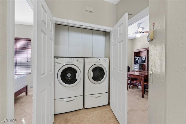 6001 Falconer Ave, Las Vegas, NV 89122 - clothes washing area featuring light tile patterned flooring, independent washer and dryer, a desk, and ceiling fan