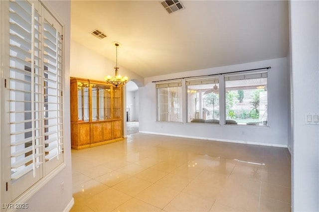 2383 Rainswept Ave, Henderson, NV 89052 - tiled spare room featuring an inviting chandelier, baseboards, vaulted ceiling, and visible vents