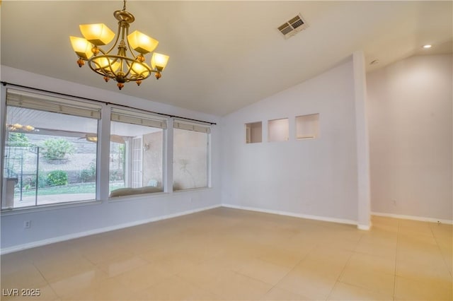 2383 Rainswept Ave, Henderson, NV 89052 - empty room with visible vents, baseboards, lofted ceiling, and an inviting chandelier