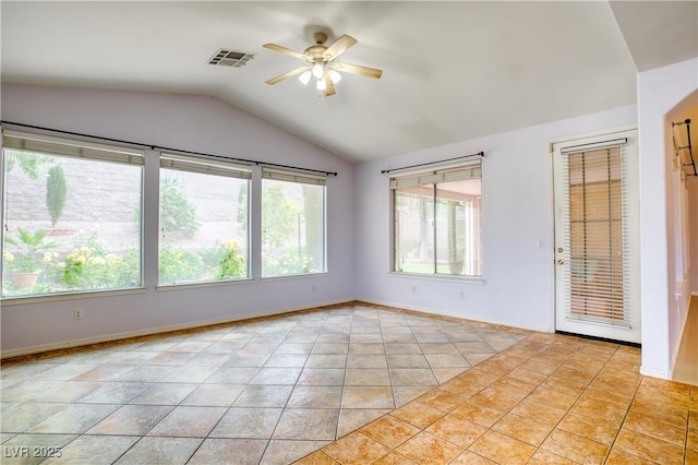 2383 Rainswept Ave, Henderson, NV 89052 - spare room featuring visible vents, ceiling fan, light tile patterned flooring, and vaulted ceiling