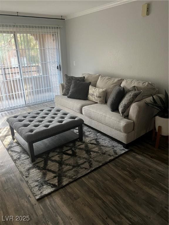 living room featuring ornamental molding and wood finished floors
