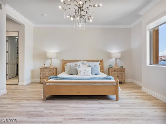 bedroom featuring baseboards, ornamental molding, an inviting chandelier, and light wood-style flooring