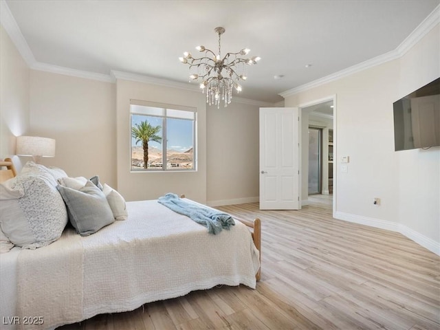 bedroom with an inviting chandelier, light wood-style floors, baseboards, and crown molding