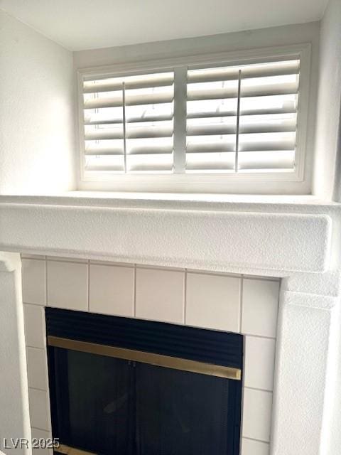 room details with a tiled fireplace