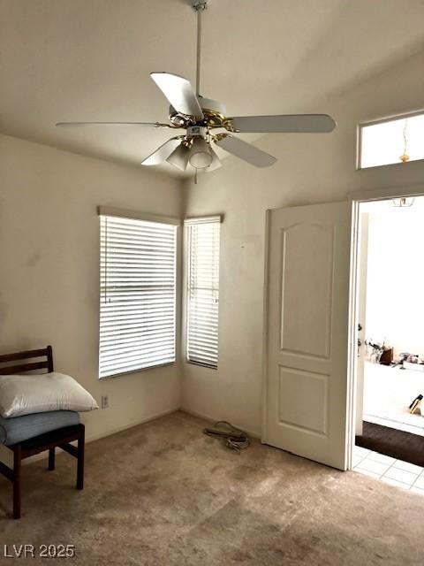 unfurnished room featuring ceiling fan and carpet