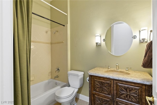 full bath featuring toilet, baseboards, vanity, and shower / bath combo with shower curtain