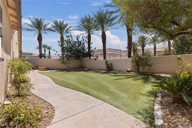 view of yard with a mountain view and a fenced backyard