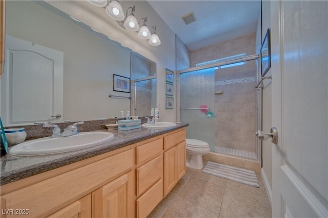bathroom featuring tile patterned floors, visible vents, a stall shower, and a sink