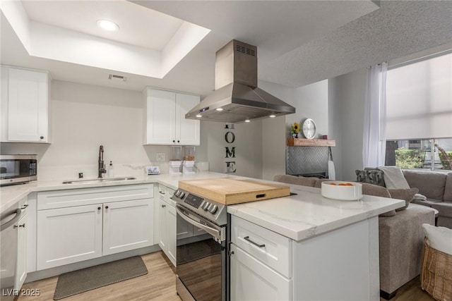 kitchen featuring light wood-style flooring, a sink, open floor plan, island range hood, and appliances with stainless steel finishes