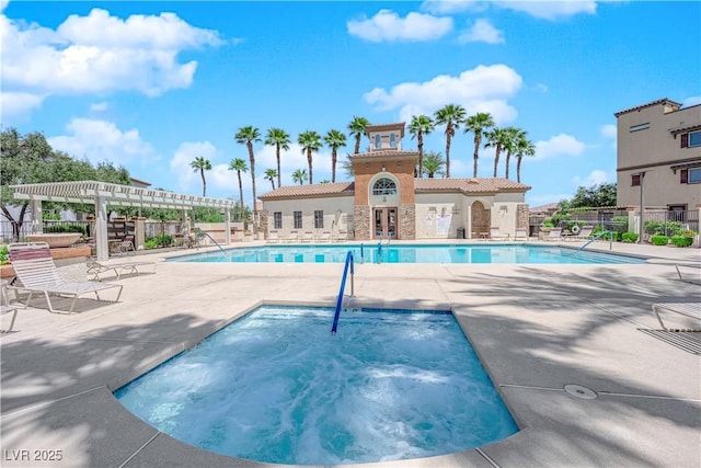 pool featuring a pergola, fence, a patio, and a community hot tub