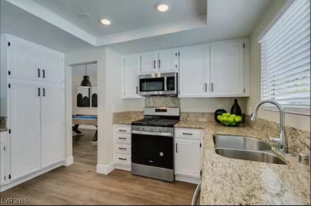 6736 Quinella Dr, Las Vegas, NV 89103 - kitchen with a sink, white cabinetry, wood finished floors, a raised ceiling, and appliances with stainless steel finishes