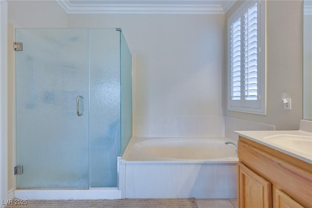 1613 Williamsport St, Henderson, NV 89052 - bathroom with a bath, a stall shower, ornamental molding, and vanity
