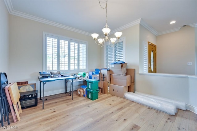 1613 Williamsport St, Henderson, NV 89052 - dining room with crown molding, a chandelier, wood finished floors, recessed lighting, and baseboards