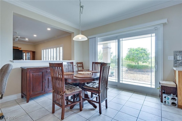 1613 Williamsport St, Henderson, NV 89052 - dining space with ornamental molding, plenty of natural light, light tile patterned floors, recessed lighting, and a ceiling fan