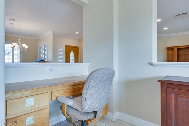 1613 Williamsport St, Henderson, NV 89052 - tiled home office with a chandelier, ornamental molding, recessed lighting, and baseboards