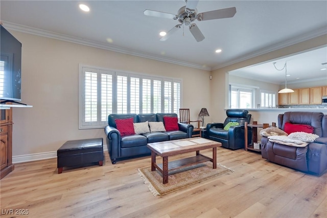 1613 Williamsport St, Henderson, NV 89052 - living room with light wood-style floors, a ceiling fan, crown molding, recessed lighting, and baseboards