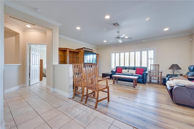 1613 Williamsport St, Henderson, NV 89052 - living room with ceiling fan, recessed lighting, ornamental molding, baseboards, and light wood-style floors
