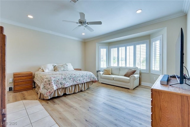 1613 Williamsport St, Henderson, NV 89052 - bedroom featuring light wood-style flooring, ornamental molding, recessed lighting, baseboards, and a ceiling fan