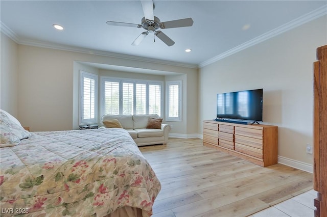 1613 Williamsport St, Henderson, NV 89052 - bedroom featuring light wood-style floors, crown molding, baseboards, recessed lighting, and ceiling fan