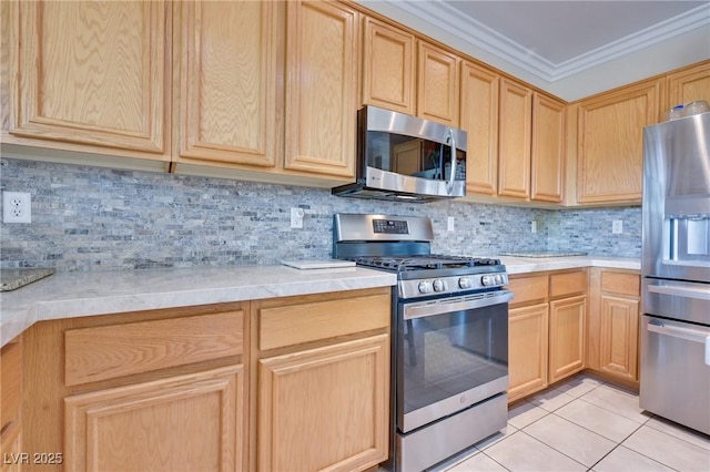 1613 Williamsport St, Henderson, NV 89052 - kitchen with appliances with stainless steel finishes, light brown cabinets, light countertops, and crown molding