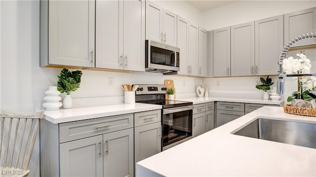 1157 Blossom Point St, Las Vegas, NV 89135 - kitchen with a sink, light countertops, gray cabinets, and appliances with stainless steel finishes