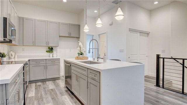 1157 Blossom Point St, Las Vegas, NV 89135 - kitchen featuring a sink, light wood-style floors, gray cabinets, and appliances with stainless steel finishes