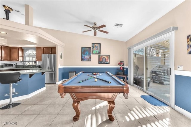 10113 Walhalla Plateau Ct, Las Vegas, NV 89148 - rec room with lofted ceiling, a ceiling fan, light tile patterned floors, pool table, and baseboards