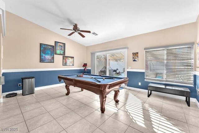 10113 Walhalla Plateau Ct, Las Vegas, NV 89148 - recreation room featuring lofted ceiling, a ceiling fan, billiards, baseboards, and tile patterned flooring